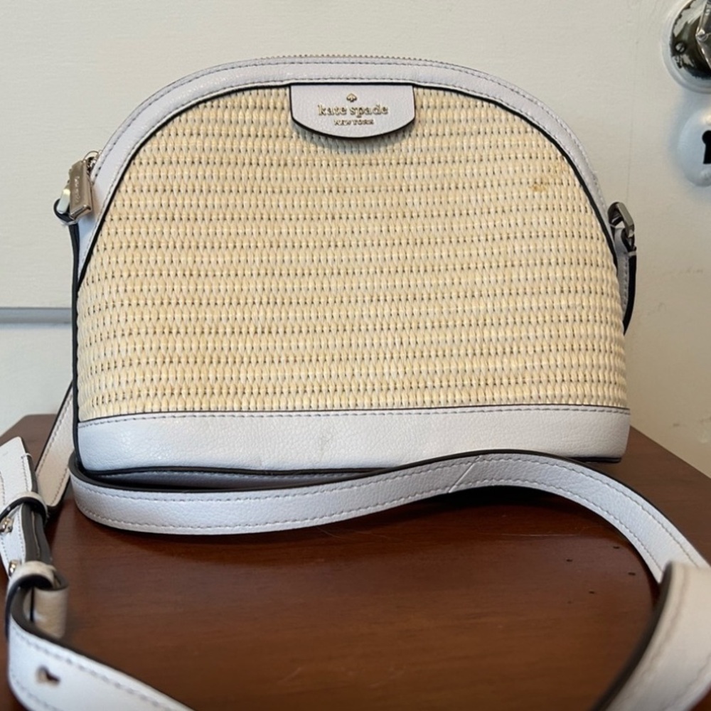 Kate Spade Domed Straw Crossbody with White Leather Trim